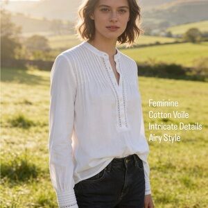 J Crew Feminine Detailed Pintuck Lace-Trim Style Top 100% Cotton Voile